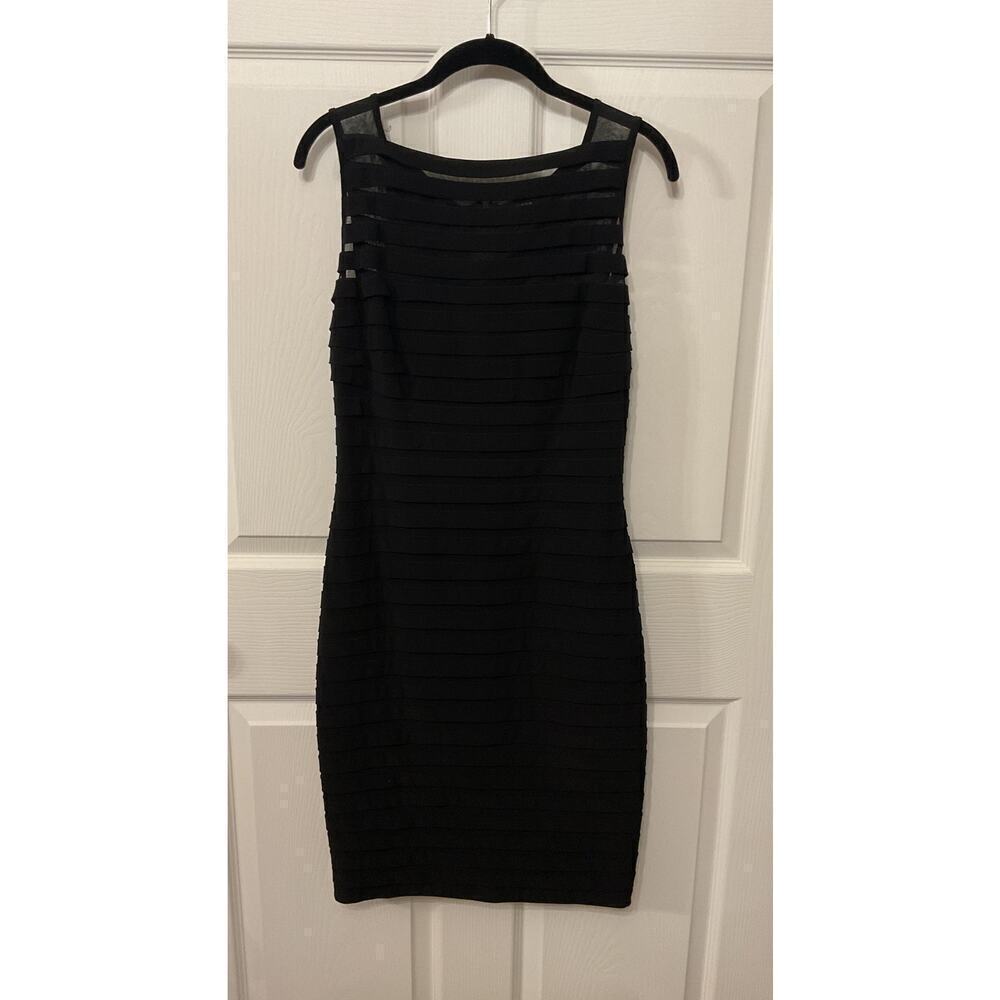 Adriana Papell Vintage Black Bodycon Sheer Striped Panel Sleeveless Dress, 8